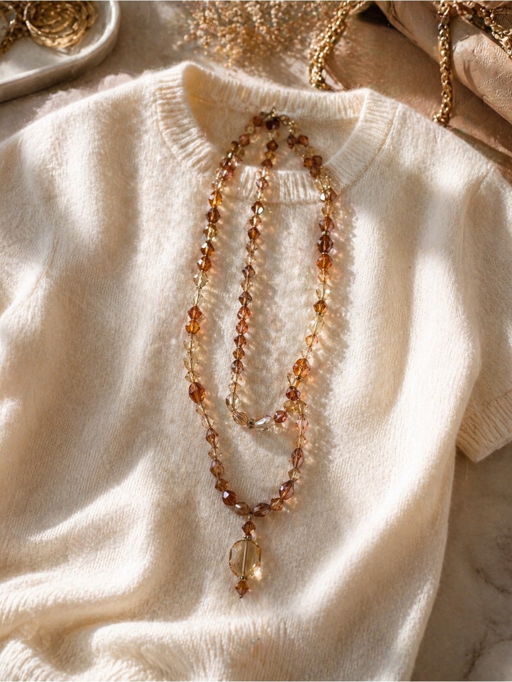 Amber & Champagne Crystal Beaded Necklace – Long Strand or Drop Pendant Style
